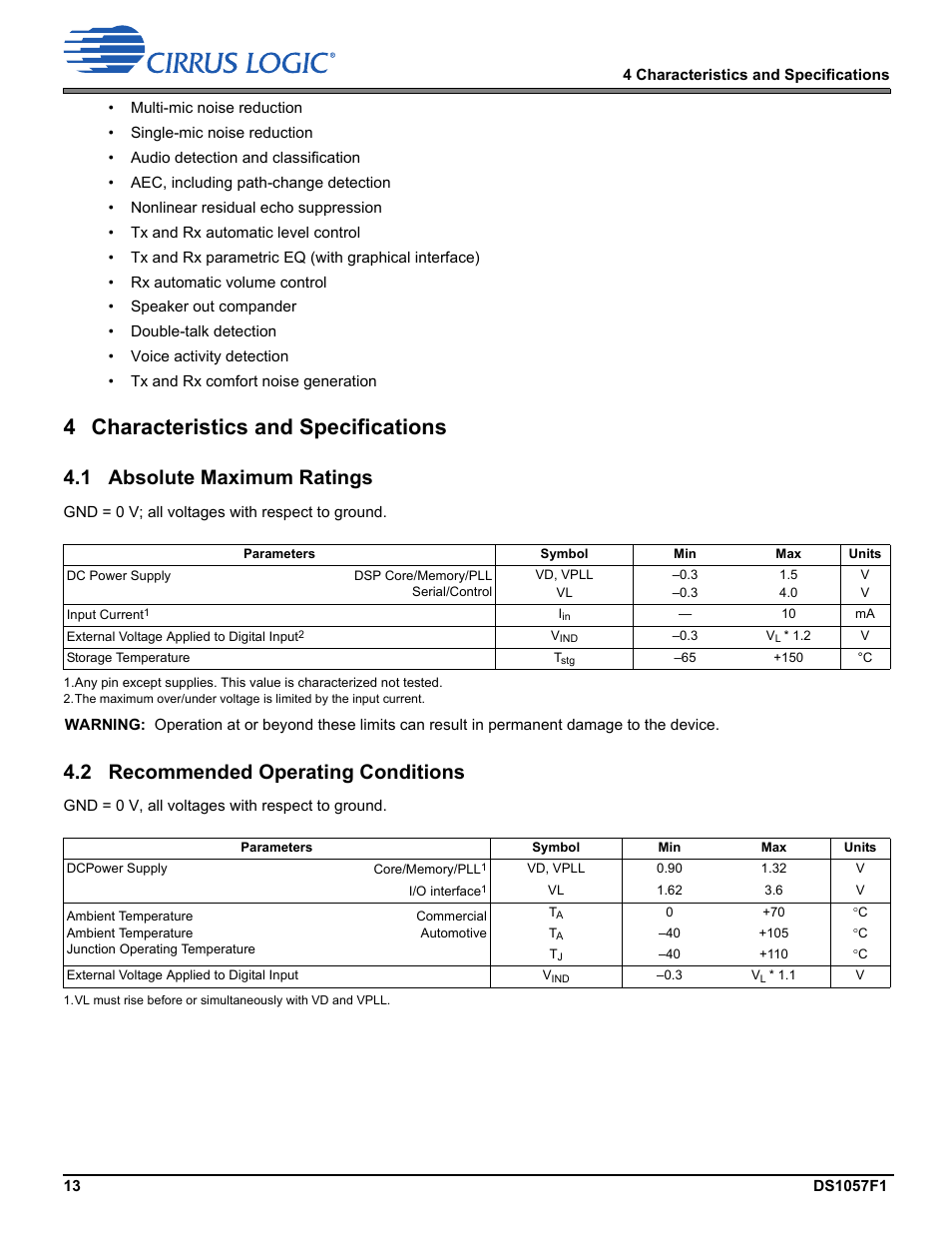 4 characteristics and specifications, 1 absolute maximum ratings, 2 recommended operating conditions | Cirrus Logic CS48LV13 User Manual | Page 13 / 26
