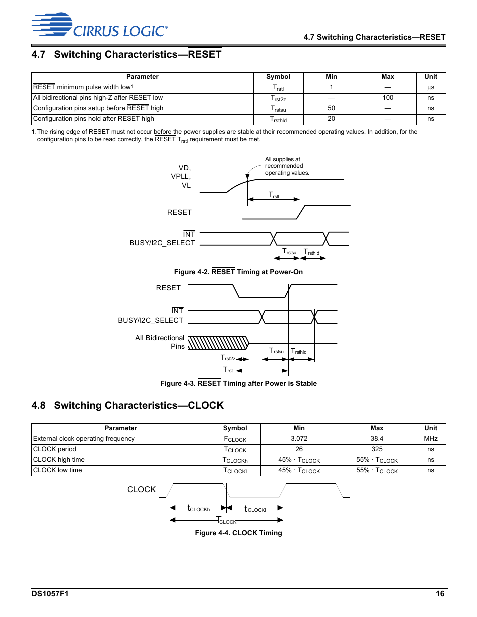 7 switching characteristics—reset, 8 switching characteristics—clock | Cirrus Logic CS48LV13 User Manual | Page 16 / 26