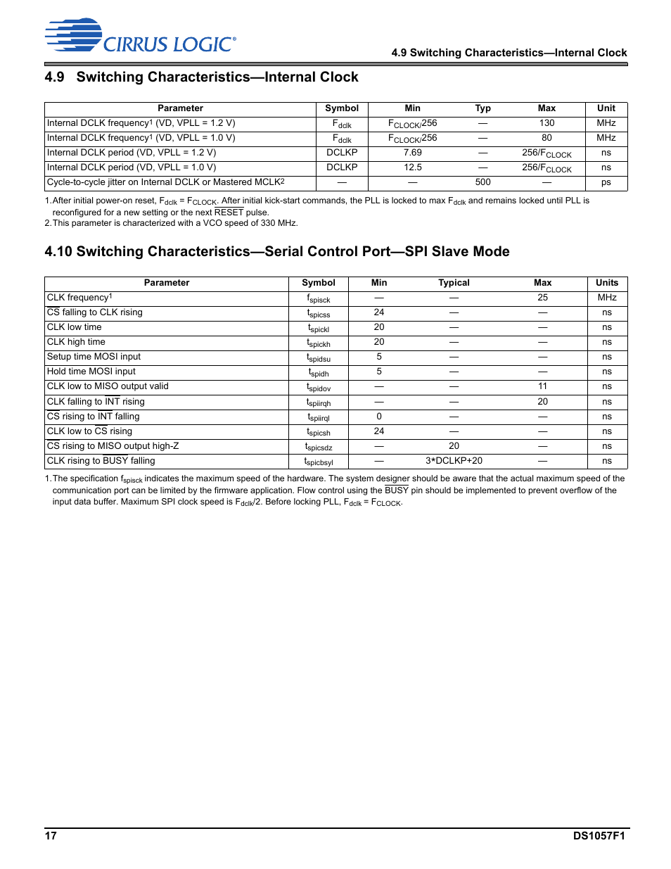 9 switching characteristics—internal clock | Cirrus Logic CS48LV13 User Manual | Page 17 / 26