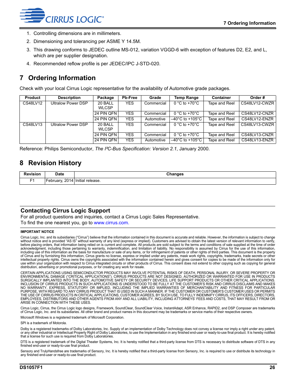 7 ordering information, 8 revision history, Contacting cirrus logic support | Cirrus Logic CS48LV13 User Manual | Page 26 / 26