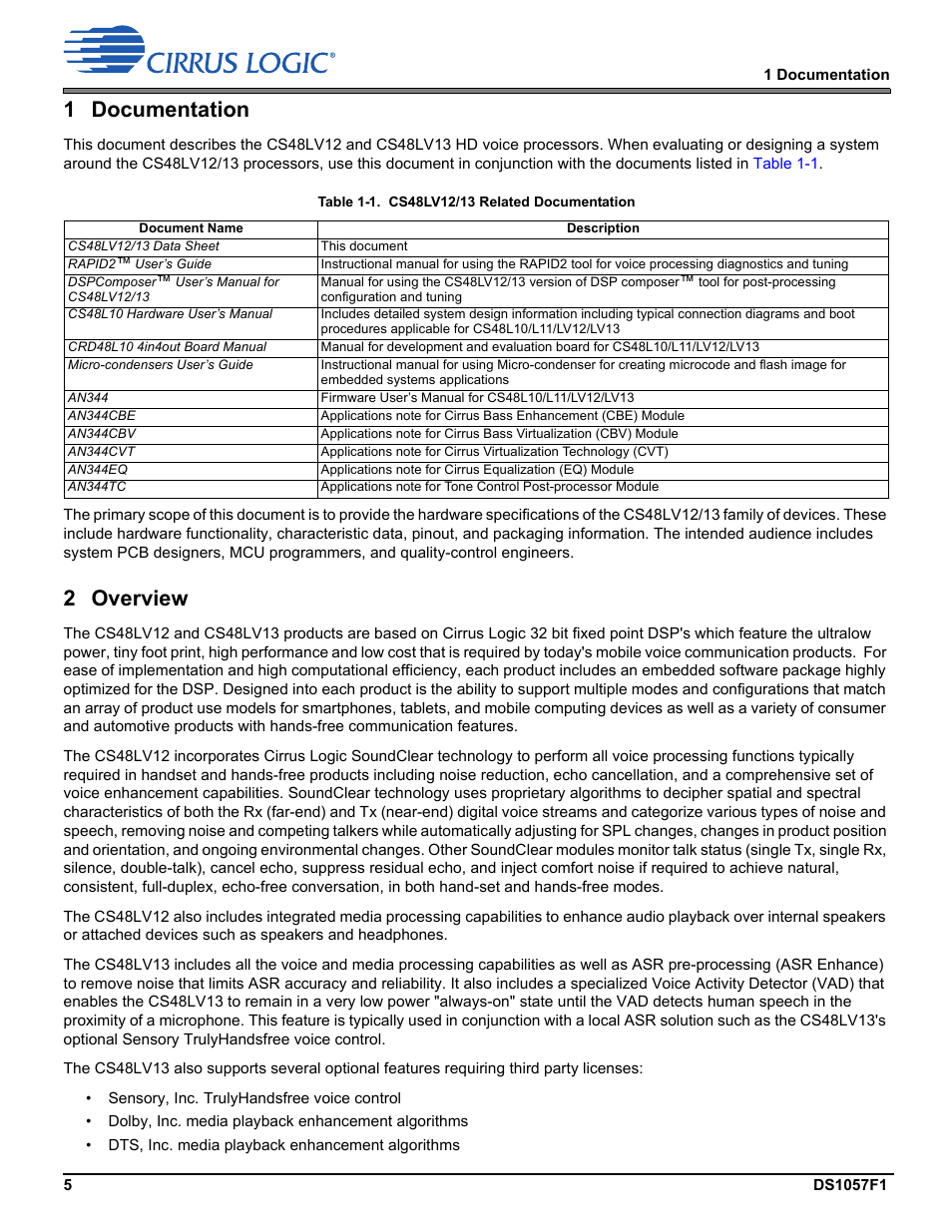 1 documentation, 2 overview | Cirrus Logic CS48LV13 User Manual | Page 5 / 26