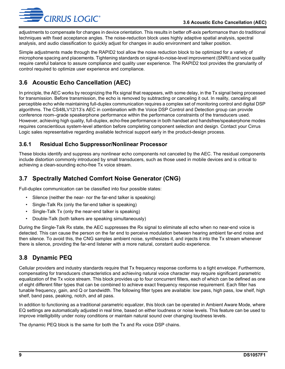 6 acoustic echo cancellation (aec), 1 residual echo suppressor/nonlinear processor, 7 spectrally matched comfort noise generator (cng) | 8 dynamic peq | Cirrus Logic CS48LV13 User Manual | Page 9 / 26