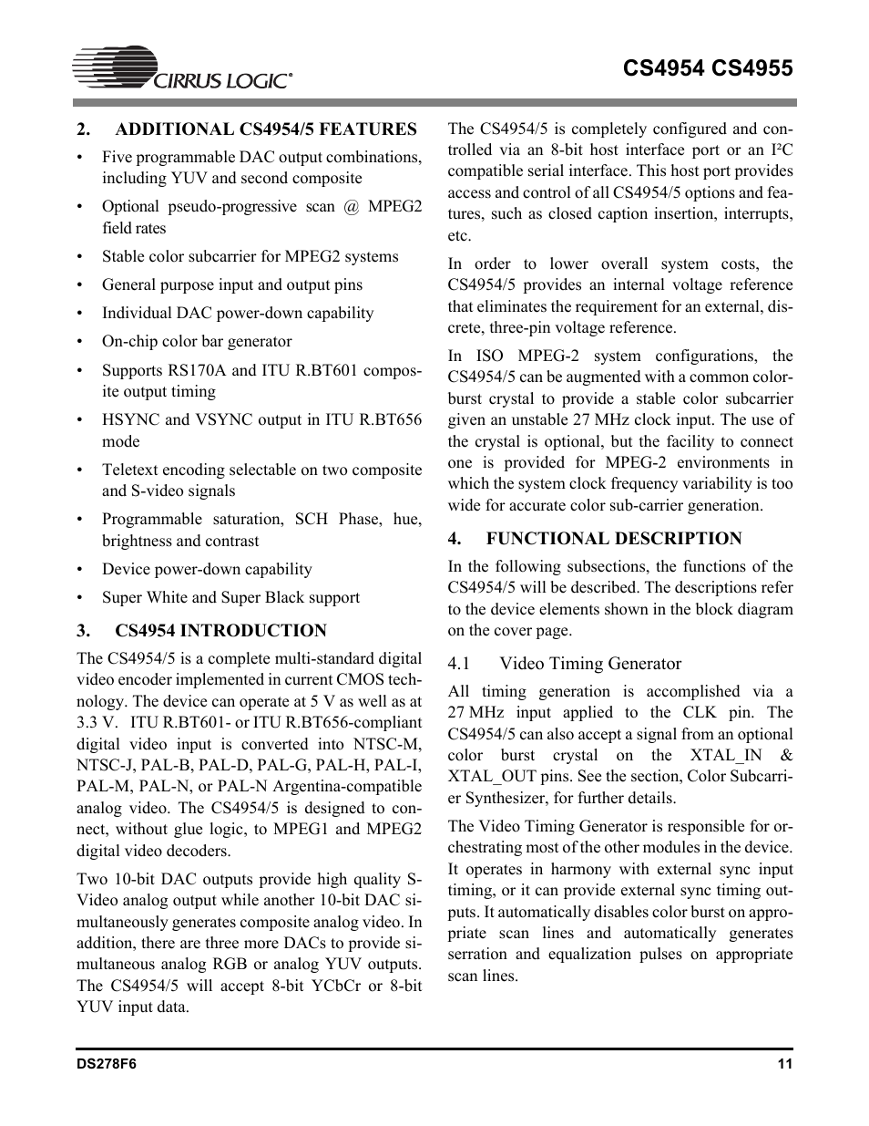 Additional cs4954/5 features, Cs4954 introduction, Functional description | 1 video timing generator, Video timing generator | Cirrus Logic CS4955 User Manual | Page 11 / 60