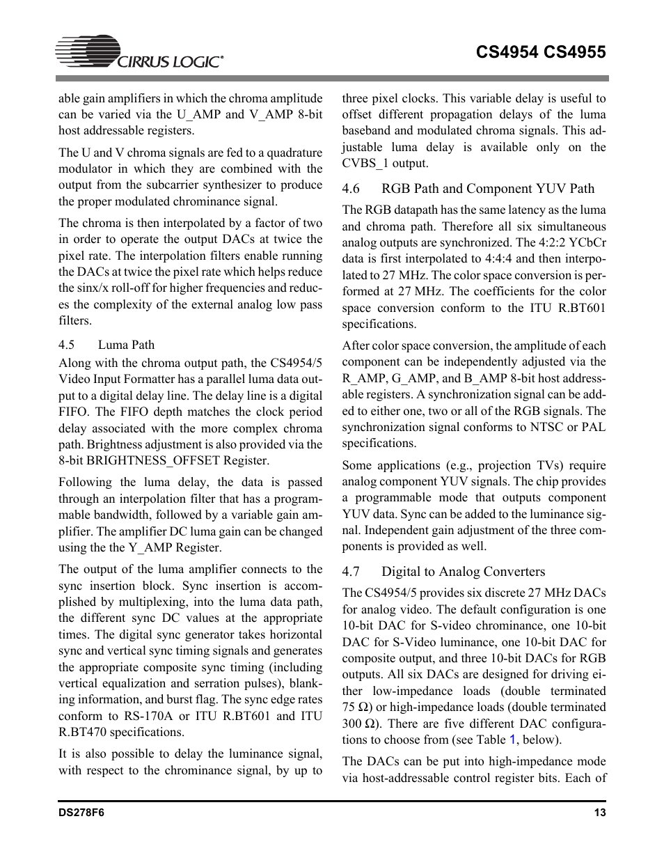 5 luma path, 6 rgb path and component yuv path, 7 digital to analog converters | Luma path, Rgb path and component yuv path, Digital to analog converters | Cirrus Logic CS4955 User Manual | Page 13 / 60