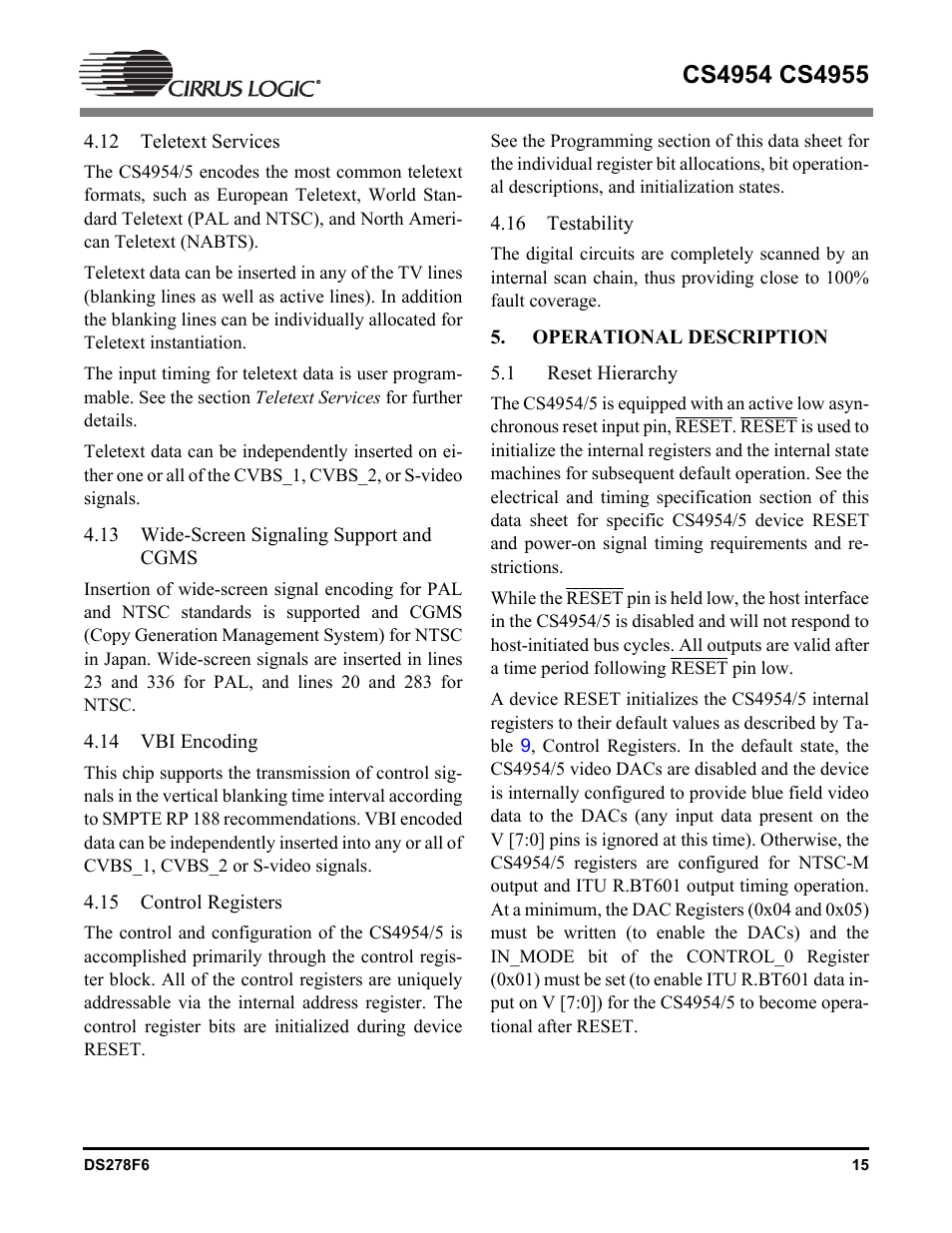 12 teletext services, 13 wide-screen signaling support and cgms, 14 vbi encoding | 15 control registers, 16 testability, Operational description, 1 reset hierarchy, Reset hierarchy | Cirrus Logic CS4955 User Manual | Page 15 / 60