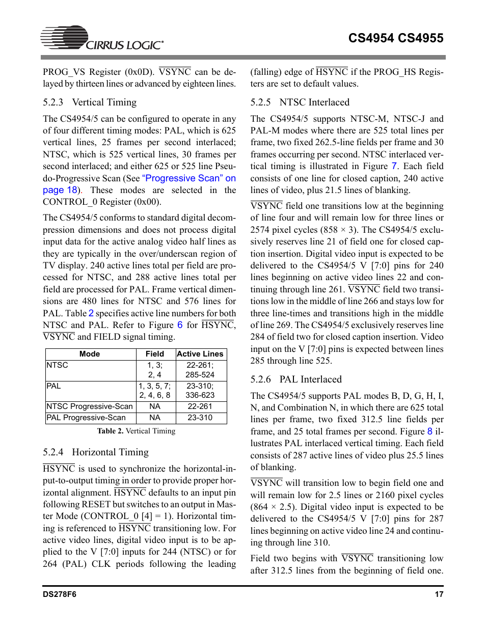 3 vertical timing, 4 horizontal timing, 5 ntsc interlaced | 6 pal interlaced | Cirrus Logic CS4955 User Manual | Page 17 / 60