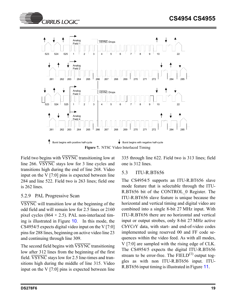 9 pal progressive scan, 3 itu-r.bt656, Itu-r.bt656 | Figure 7. ntsc video interlaced timing | Cirrus Logic CS4955 User Manual | Page 19 / 60