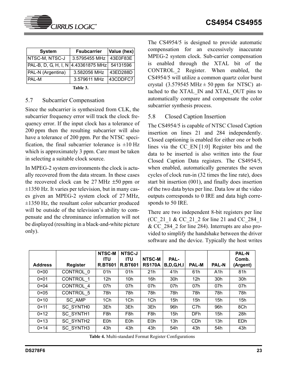 7 subcarrier compensation, 8 closed caption insertion, Subcarrier compensation | Closed caption insertion | Cirrus Logic CS4955 User Manual | Page 23 / 60