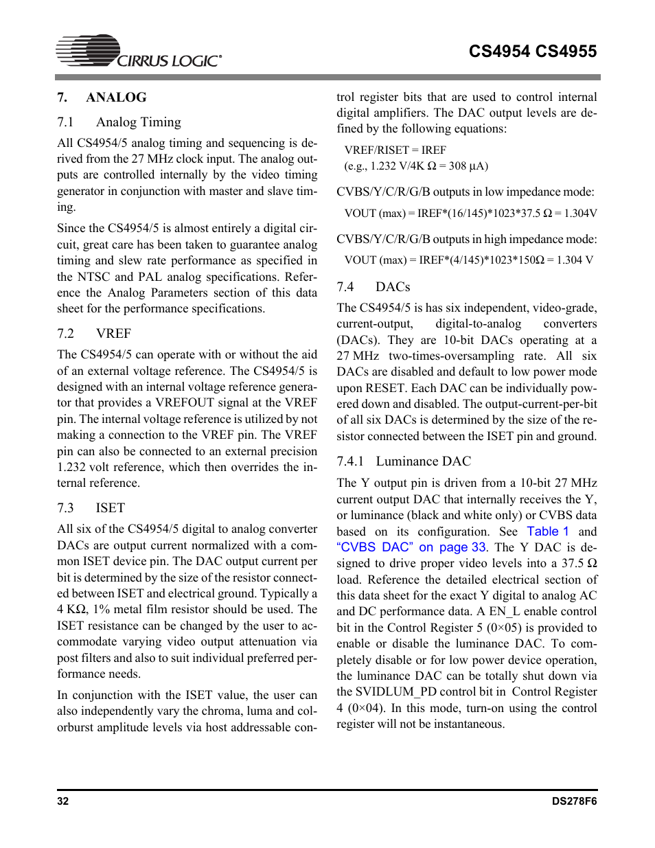 Analog, 1 analog timing, 2 vref | 3 iset, 4 dacs, 1 luminance dac, Analog timing, Vref, Iset, Dacs | Cirrus Logic CS4955 User Manual | Page 32 / 60