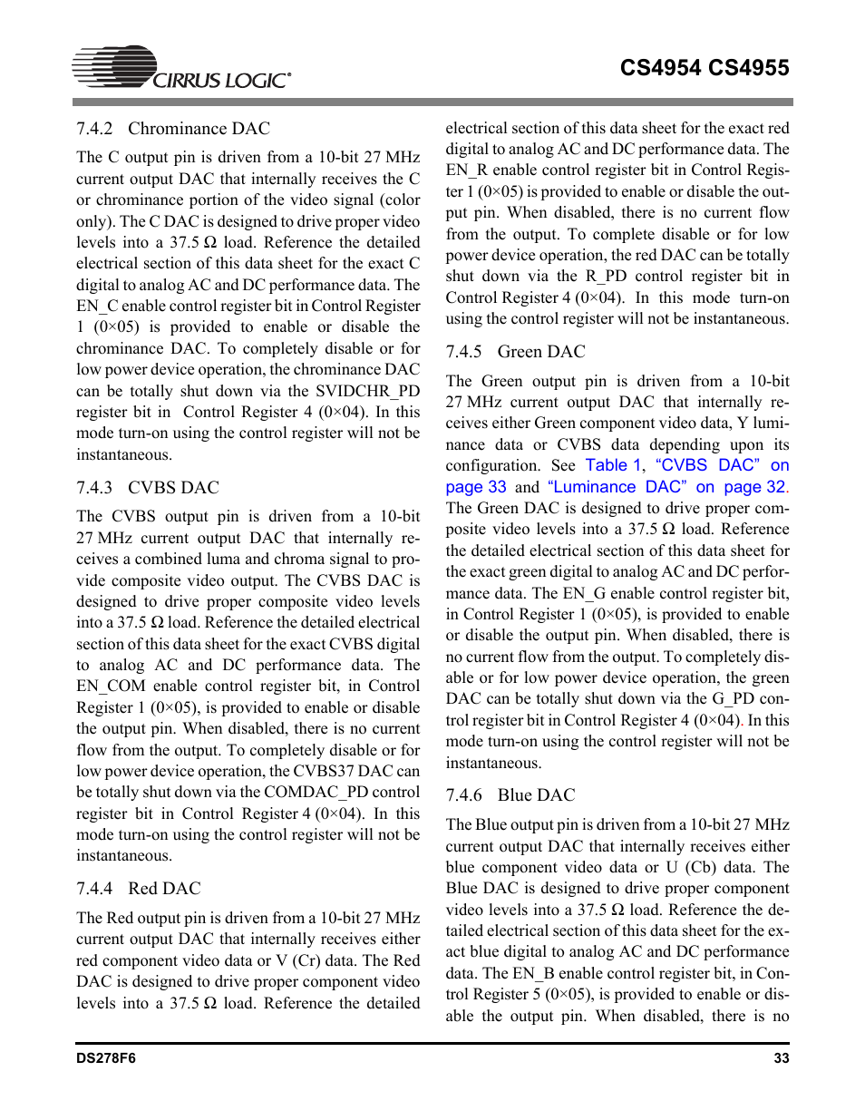 2 chrominance dac, 3 cvbs dac, 4 red dac | 5 green dac, 6 blue dac, Red dac | Cirrus Logic CS4955 User Manual | Page 33 / 60