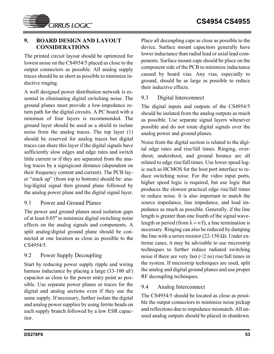 Board design and layout considerations, 1 power and ground planes, 2 power supply decoupling | 3 digital interconnect, 4 analog interconnect, Power and ground planes, Power supply decoupling, Digital interconnect, Analog interconnect | Cirrus Logic CS4955 User Manual | Page 53 / 60