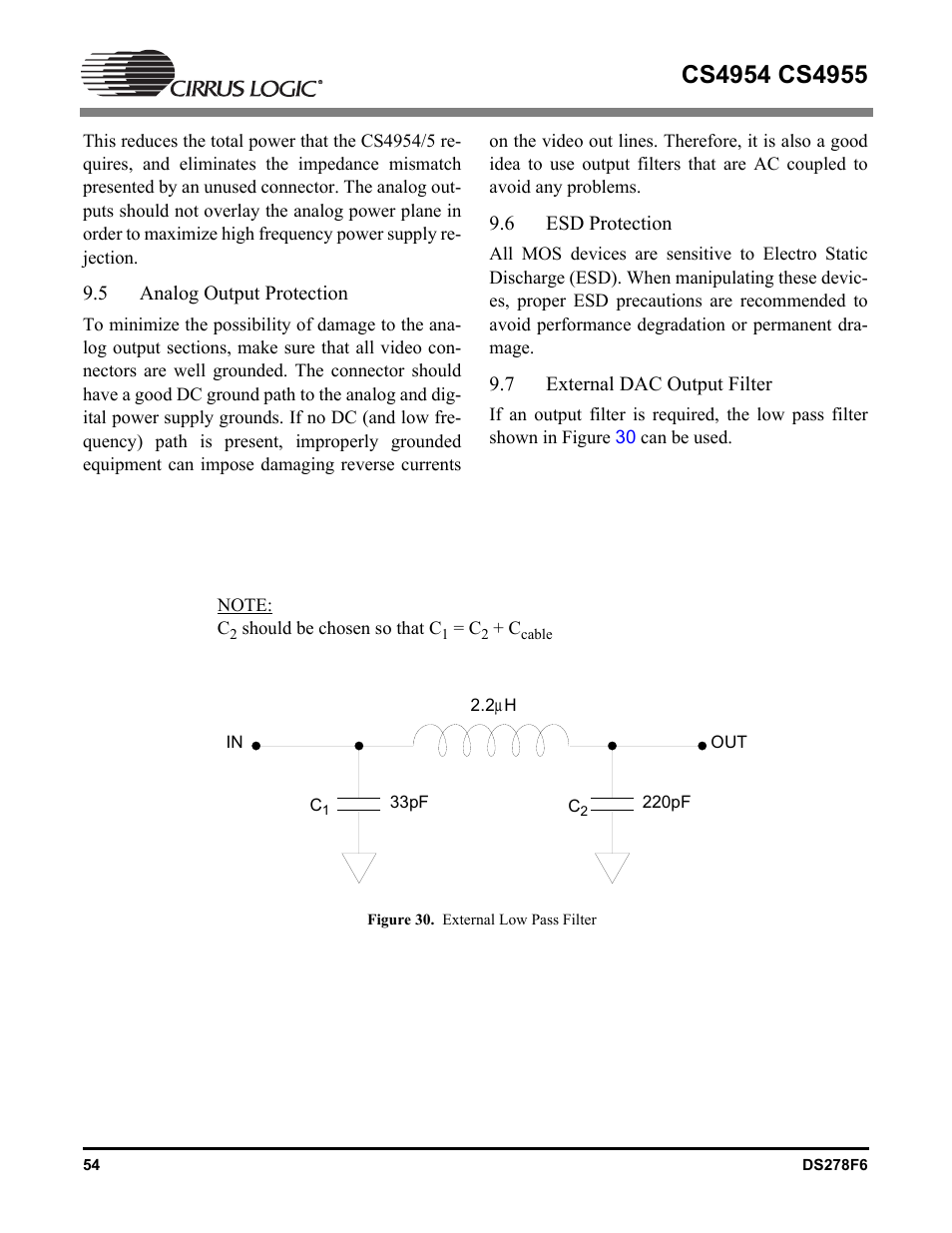 5 analog output protection, 6 esd protection, 7 external dac output filter | Analog output protection, Esd protection, External dac output filter, Figure 30. external low pass filter | Cirrus Logic CS4955 User Manual | Page 54 / 60