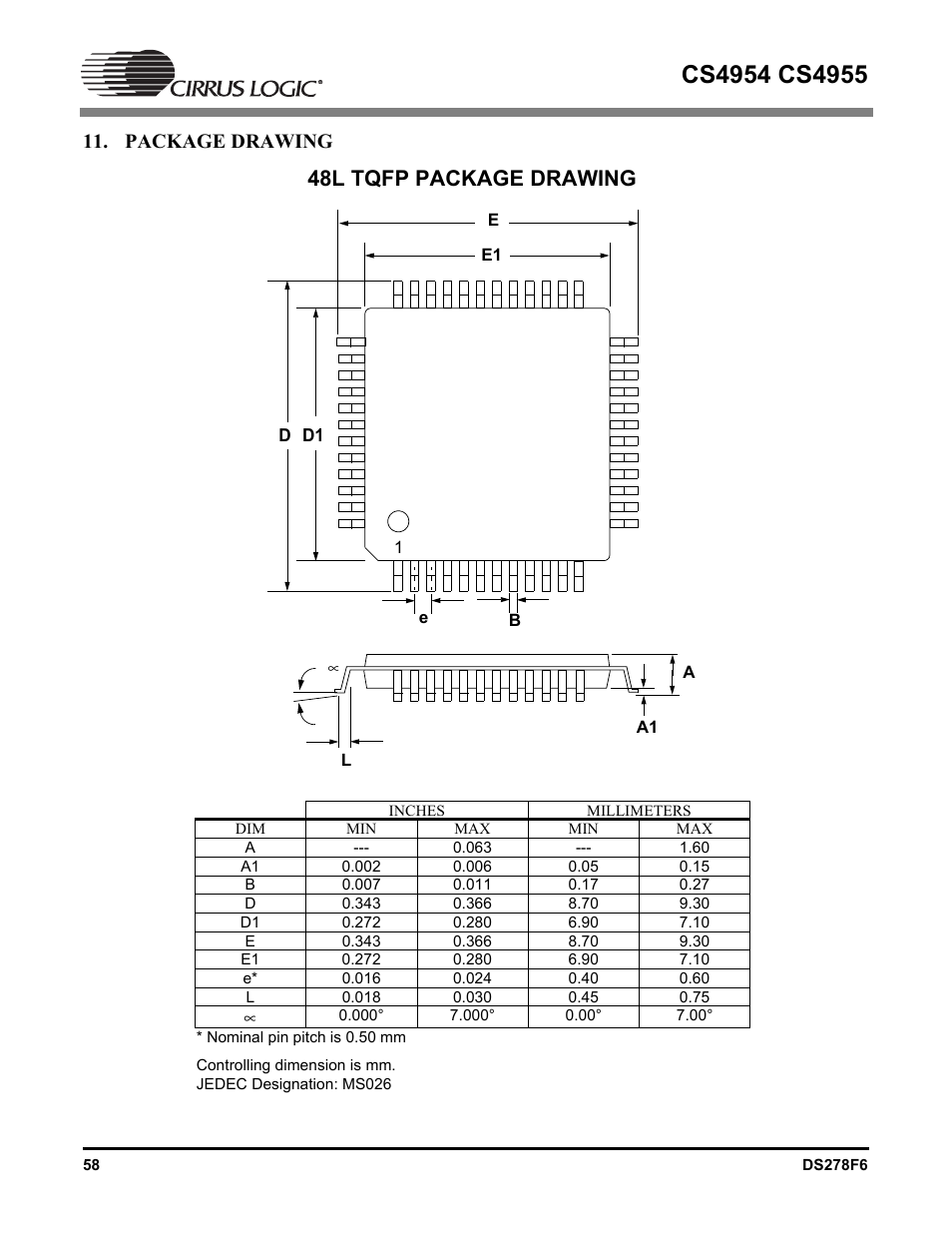 Package drawing, 48l tqfp package drawing | Cirrus Logic CS4955 User Manual | Page 58 / 60
