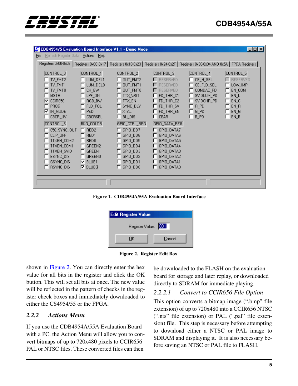 Figure 1. cdb4954a/55a evaluation board interface, Figure 2. register edit box, 2 actions menu | 1 convert to ccir656 file option, Figure 1 | Cirrus Logic CDB4955A User Manual | Page 5 / 20
