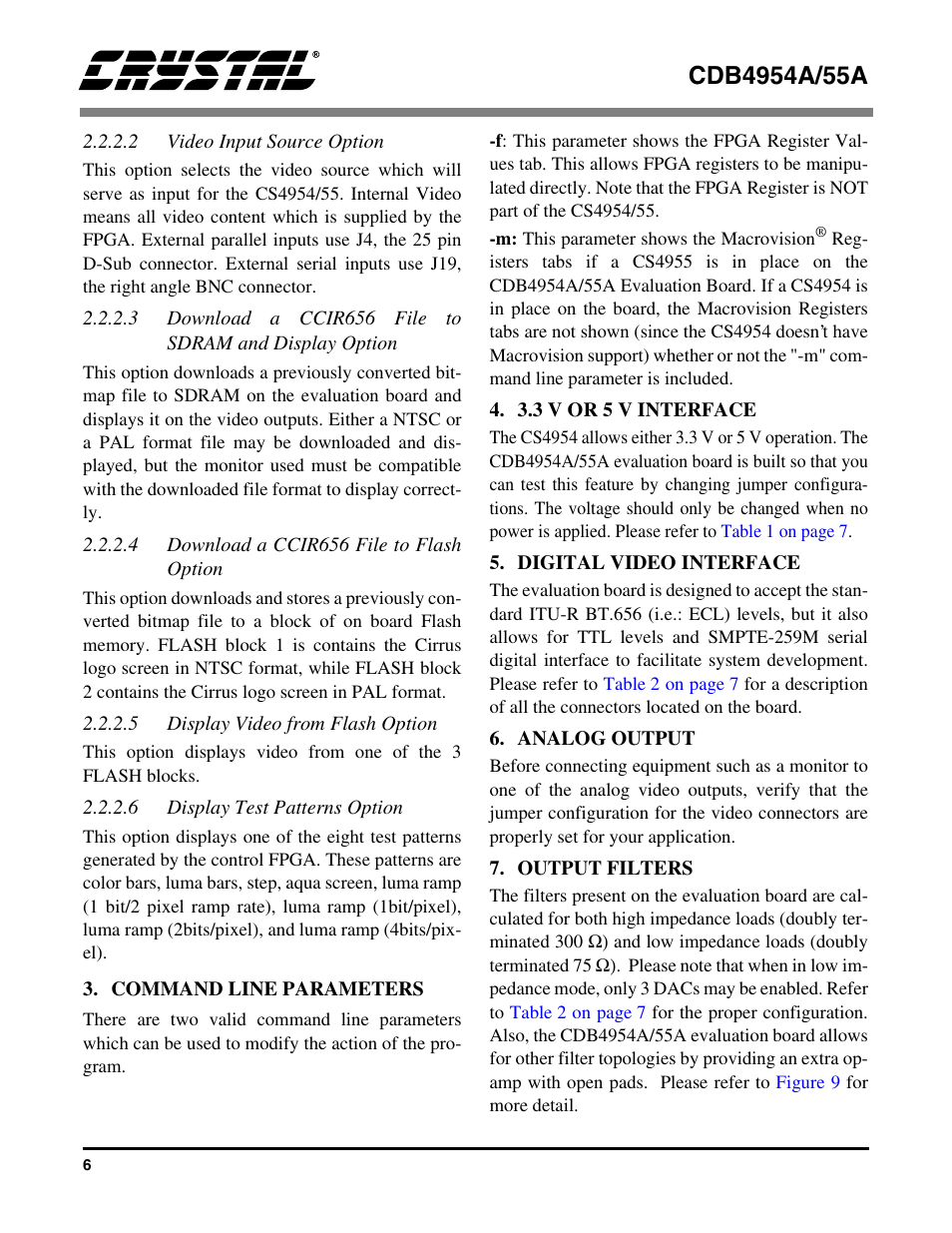 2 video input source option, 4 download a ccir656 file to flash option, 5 display video from flash option | 6 display test patterns option, Command line parameters, 3.3 v or 5 v interface, Digital video interface, Analog output, Output filters | Cirrus Logic CDB4955A User Manual | Page 6 / 20