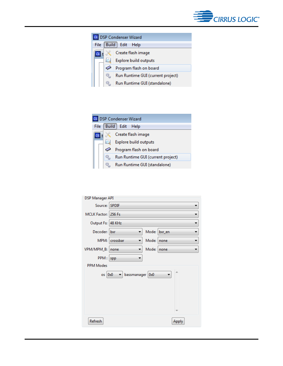 Figure 9-3. program flash on board -2, Figure 9-4. run runtime gui -2, Figure 9-5. dsp api manager input source -2 | Cirrus Logic CS4970x4 User Manual | Page 141 / 162