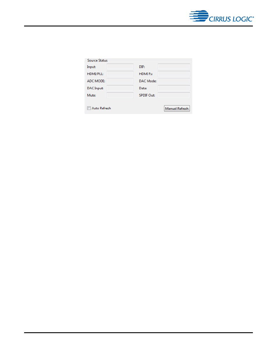 6 source status group, 1 manual refresh button, 2 auto refresh button | 3 auto read checkbox, 4 source status text fields, 6 source status group -7 | Cirrus Logic CS4970x4 User Manual | Page 146 / 162