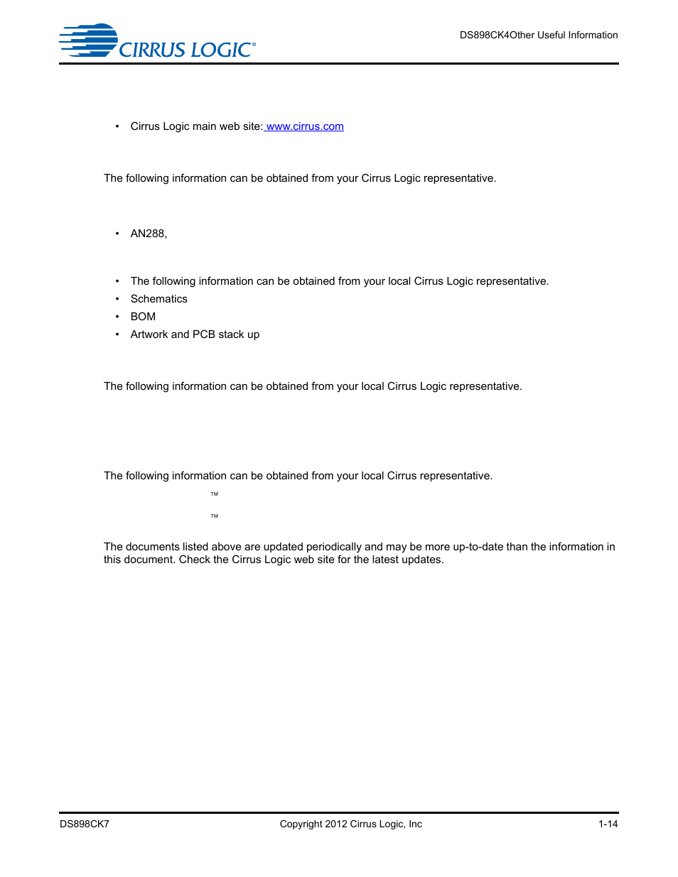 4 ds898ck4other useful information, 1 web sites, 2 dsp information | 3 board information, 4 audio codec information, 5 dsp software utility information, 4 ds898ck4other useful information -14, 1 web sites -14, 2 dsp information -14, 3 board information -14 | Cirrus Logic CK4970x4 User Manual | Page 21 / 63