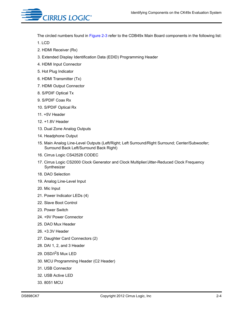 1 cdb49x main board components, 1 cdb49x main board components -4, Section 2.2.1.1 | Cirrus Logic CK4970x4 User Manual | Page 25 / 63