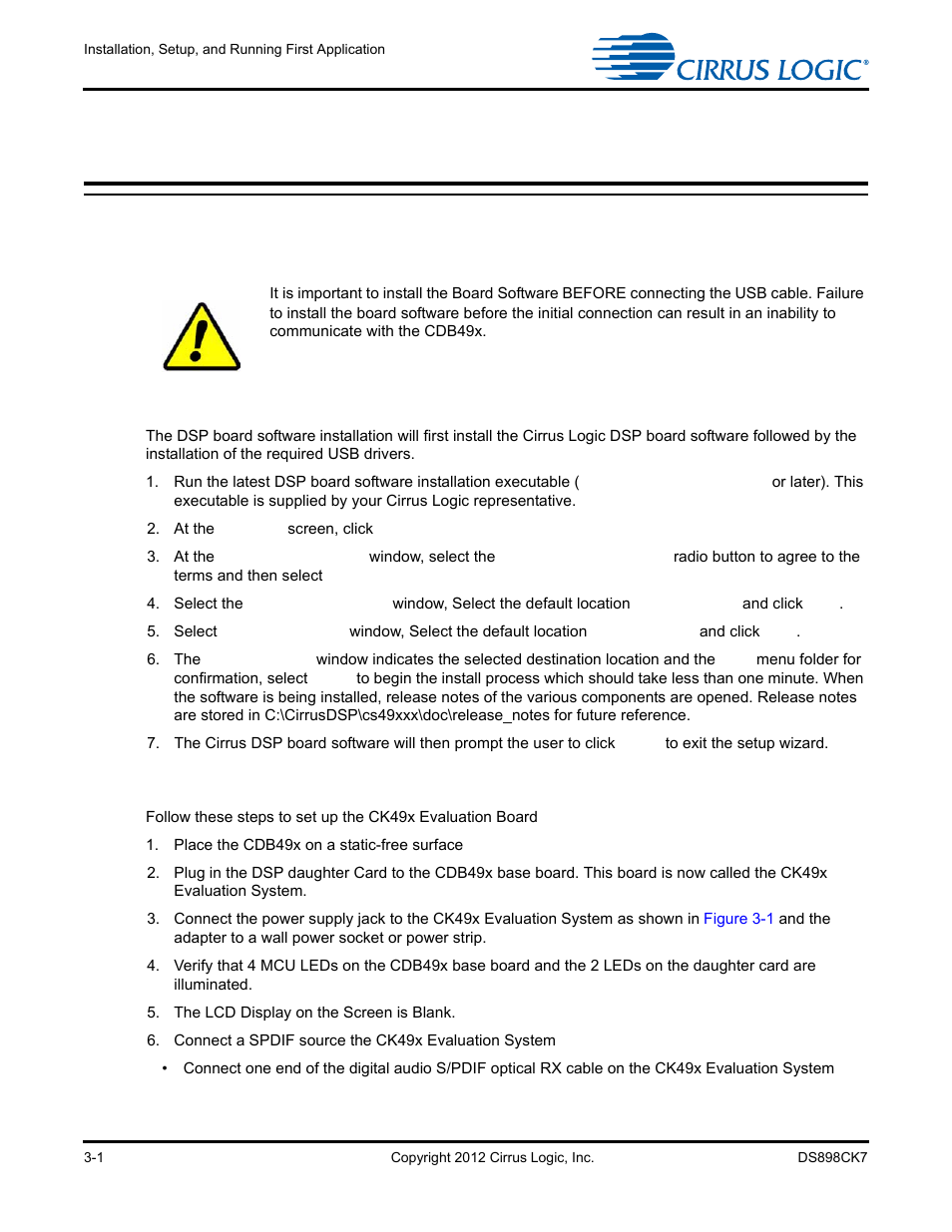 3 installation, setup, and running application, 1 board software installation, 2 setting up the ck49x evaluation board | 1 board software installation -1, 2 setting up the ck49x evaluation board -1 | Cirrus Logic CK4970x4 User Manual | Page 28 / 63