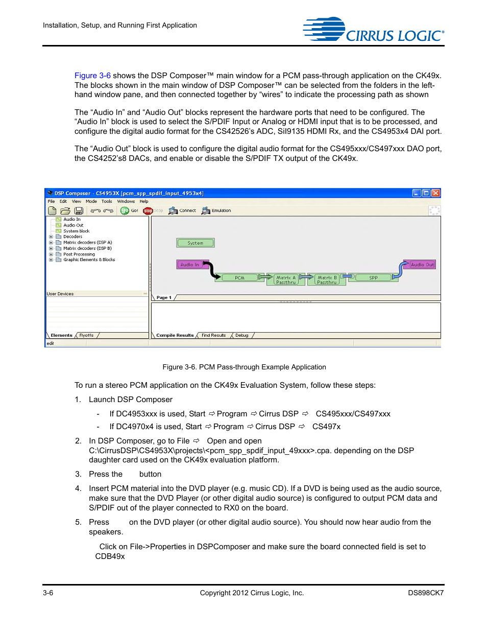 5 running a stereo pcm application on ck49x, 5 running a stereo pcm application on ck49x -6 | Cirrus Logic CK4970x4 User Manual | Page 33 / 63