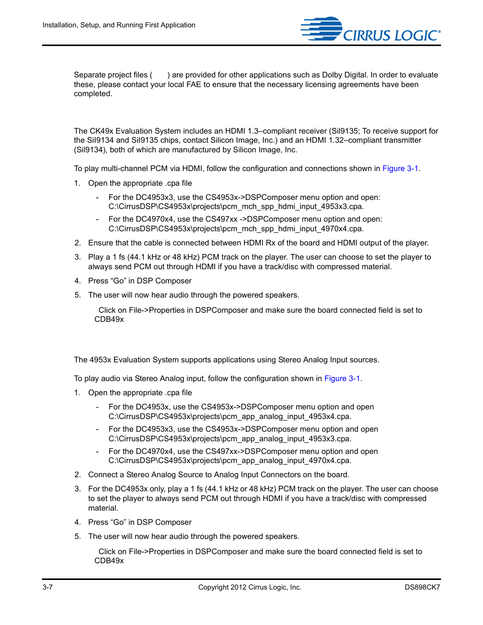 6 downloading other applications, 7 running a multichannel pcm application via hdmi, 8 running a stereo analog input application | 6 downloading other applications -7, 8 running a stereo analog input application -7 | Cirrus Logic CK4970x4 User Manual | Page 34 / 63