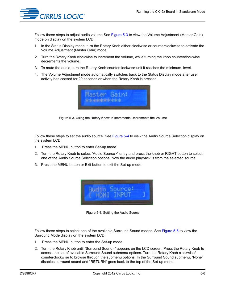 2 adjusting audio volume, 3 selecting the audio source, 4 selecting the surround sound mode | 2 adjusting audio volume -6, 3 selecting the audio source -6, 4 selecting the surround sound mode -6 | Cirrus Logic CK4970x4 User Manual | Page 49 / 63