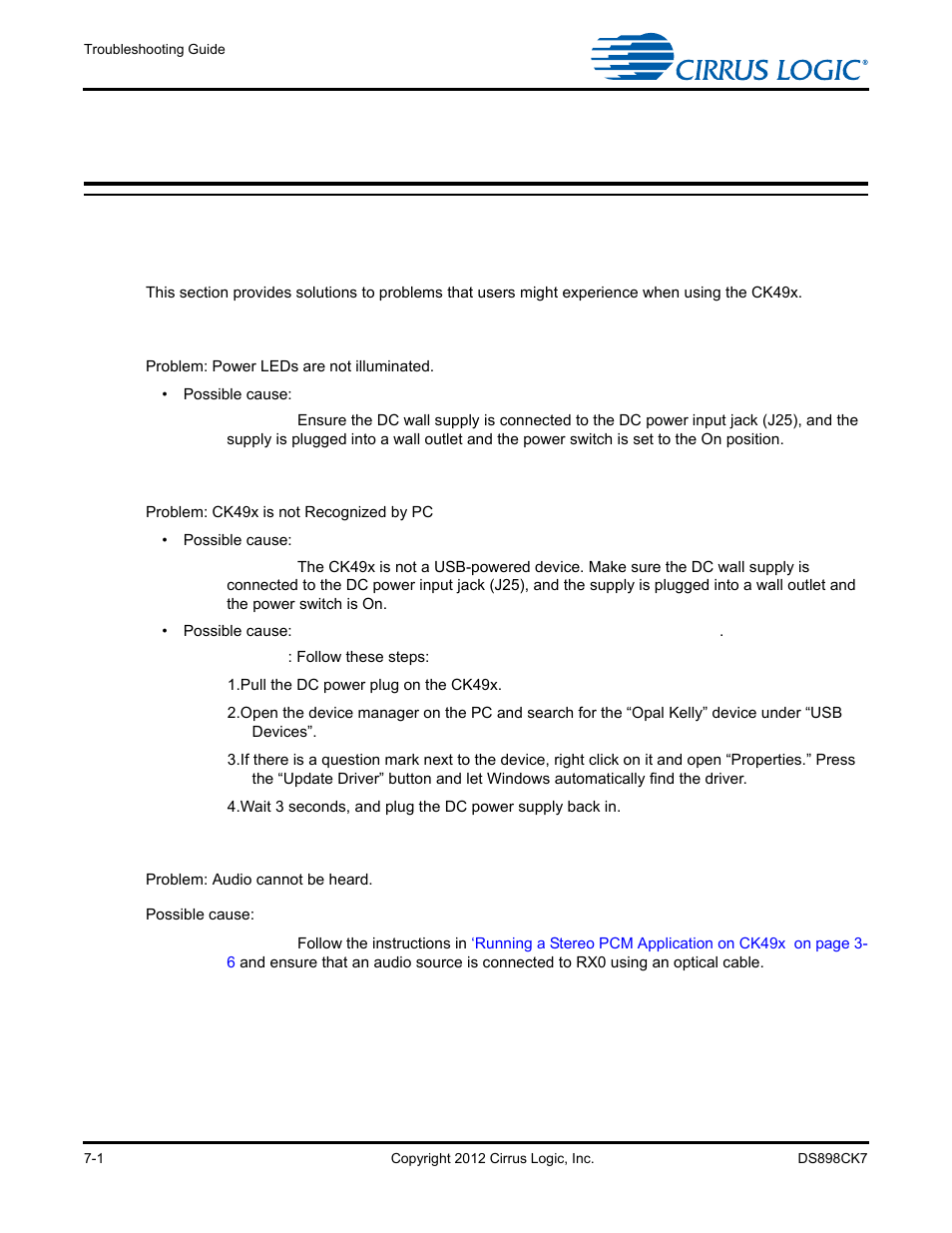 7 troubleshooting, 1 troubleshooting guide, 1 power leds | 2 board not recognized by pc, 3 audio is not heard, Chapter 7. troubleshooting -1, 1 troubleshooting guide -1, 1 power leds -1, 2 board not recognized by pc -1, 3 audio is not heard -1 | Cirrus Logic CK4970x4 User Manual | Page 53 / 63
