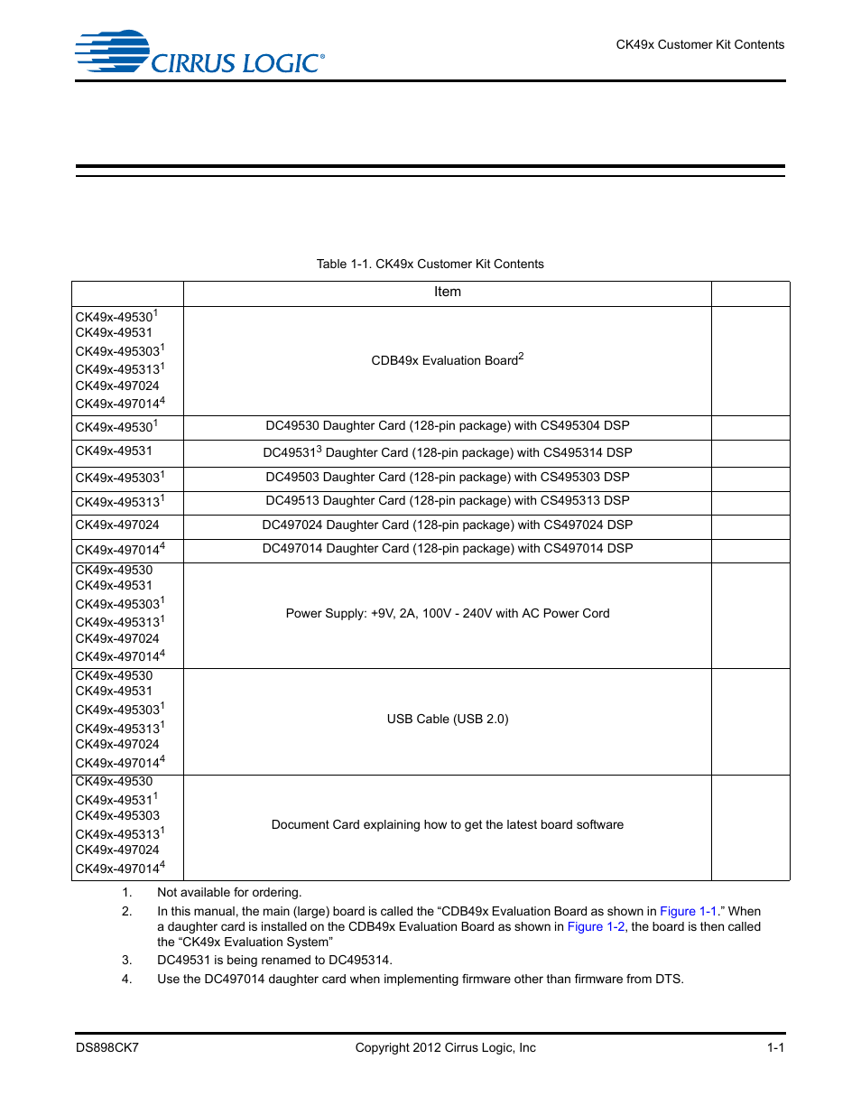 1 customer kit contents and requirements, 1 ck49x customer kit contents, 1 ck49x customer kit contents -1 | Table 1-1. ck49x customer kit contents -1 | Cirrus Logic CK4970x4 User Manual | Page 8 / 63