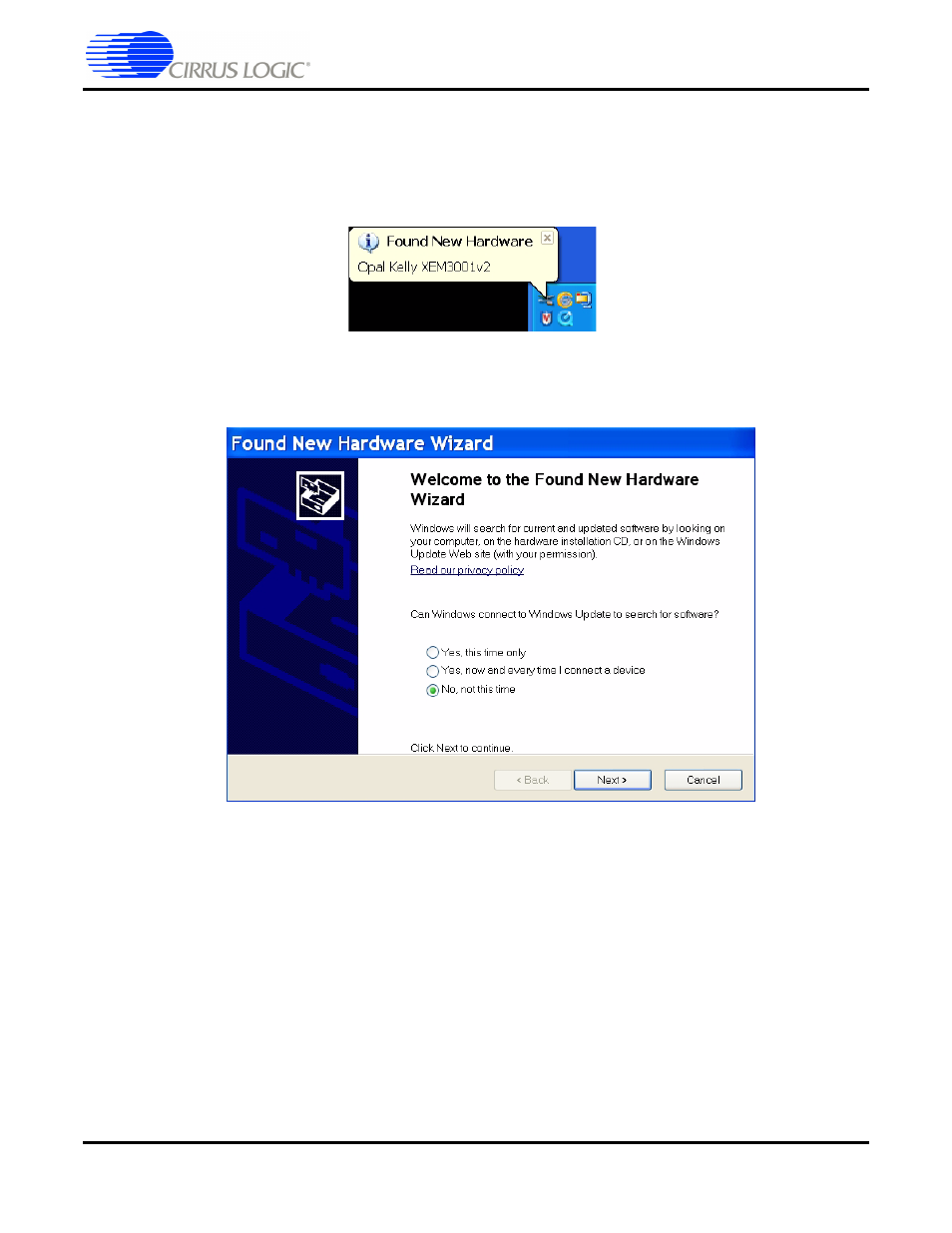 3 connecting to a pc, 3 connecting to a pc -4, Figure 3-3. ound new hardware window -4 | Figure 3-4. found new hardware wizard window -4 | Cirrus Logic CRD49530-USB User Manual | Page 23 / 50