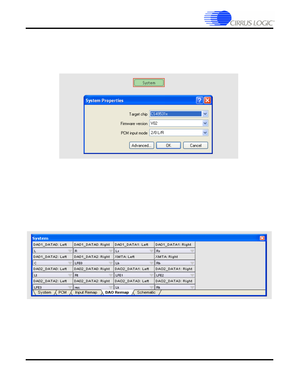 1 system block, 2 channel remap of cs4953xx, Figure 4-2. crd49530 system properties -3 | Figure 4-3. crd49530 dao channel remap -3 | Cirrus Logic CRD49530-USB User Manual | Page 28 / 50