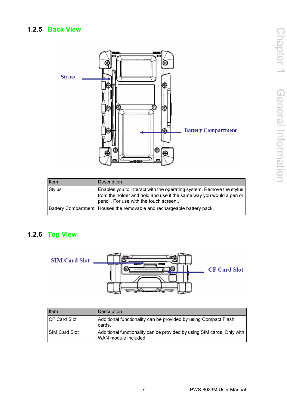5 back view, 6 top view, Back view | Top view, Chapter 1 g eneral information | Advantech 3.7" VGA TFT LCD XSCale Rugged Mobile Computer PWS-8033M User Manual | Page 13 / 44