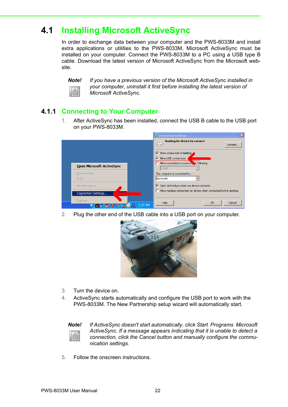 1 installing microsoft activesync, 1 connecting to your computer, Installing microsoft activesync 4.1.1 | Connecting to your computer | Advantech 3.7" VGA TFT LCD XSCale Rugged Mobile Computer PWS-8033M User Manual | Page 28 / 44