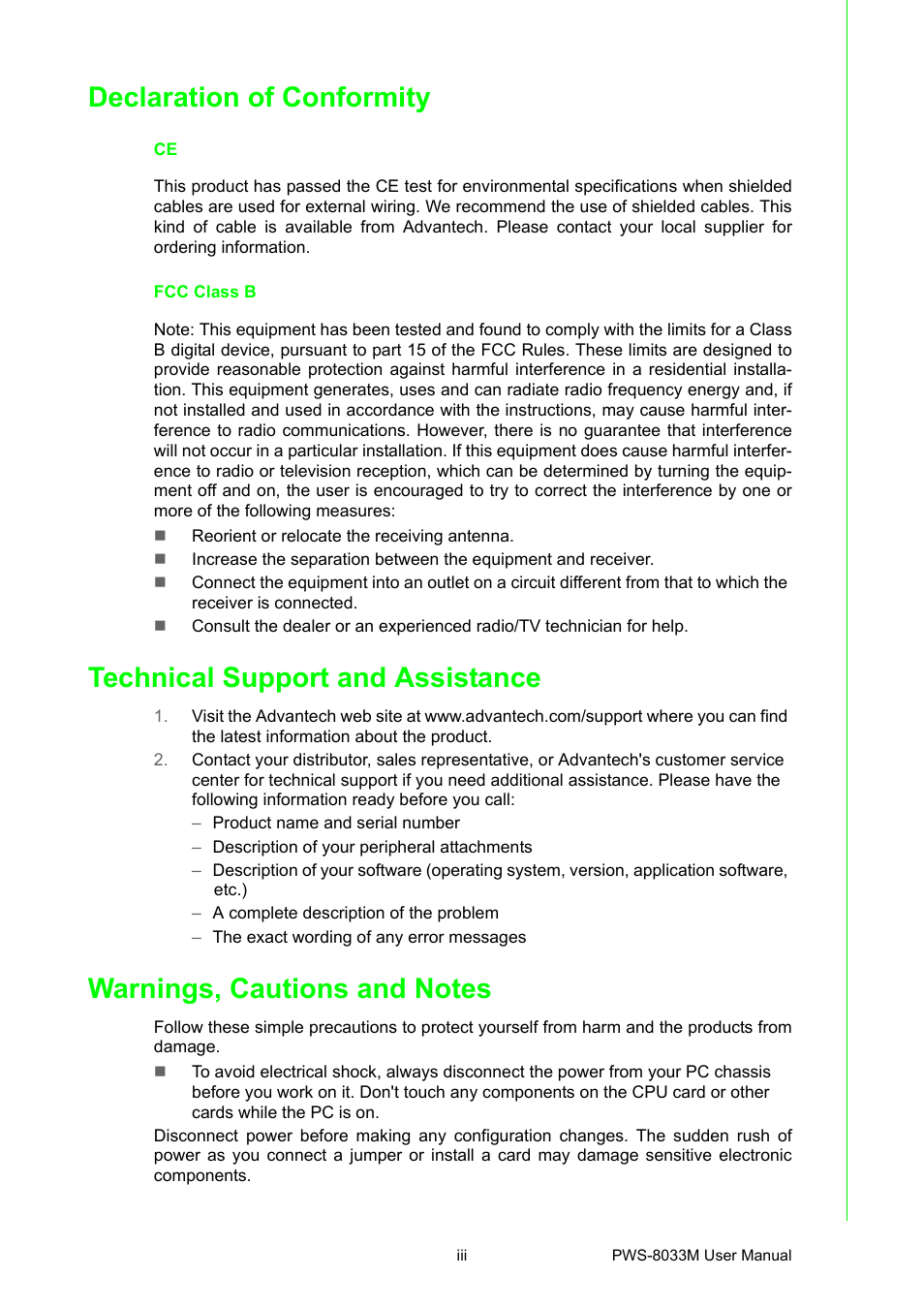 Declaration of conformity, Technical support and assistance | Advantech 3.7" VGA TFT LCD XSCale Rugged Mobile Computer PWS-8033M User Manual | Page 3 / 44
