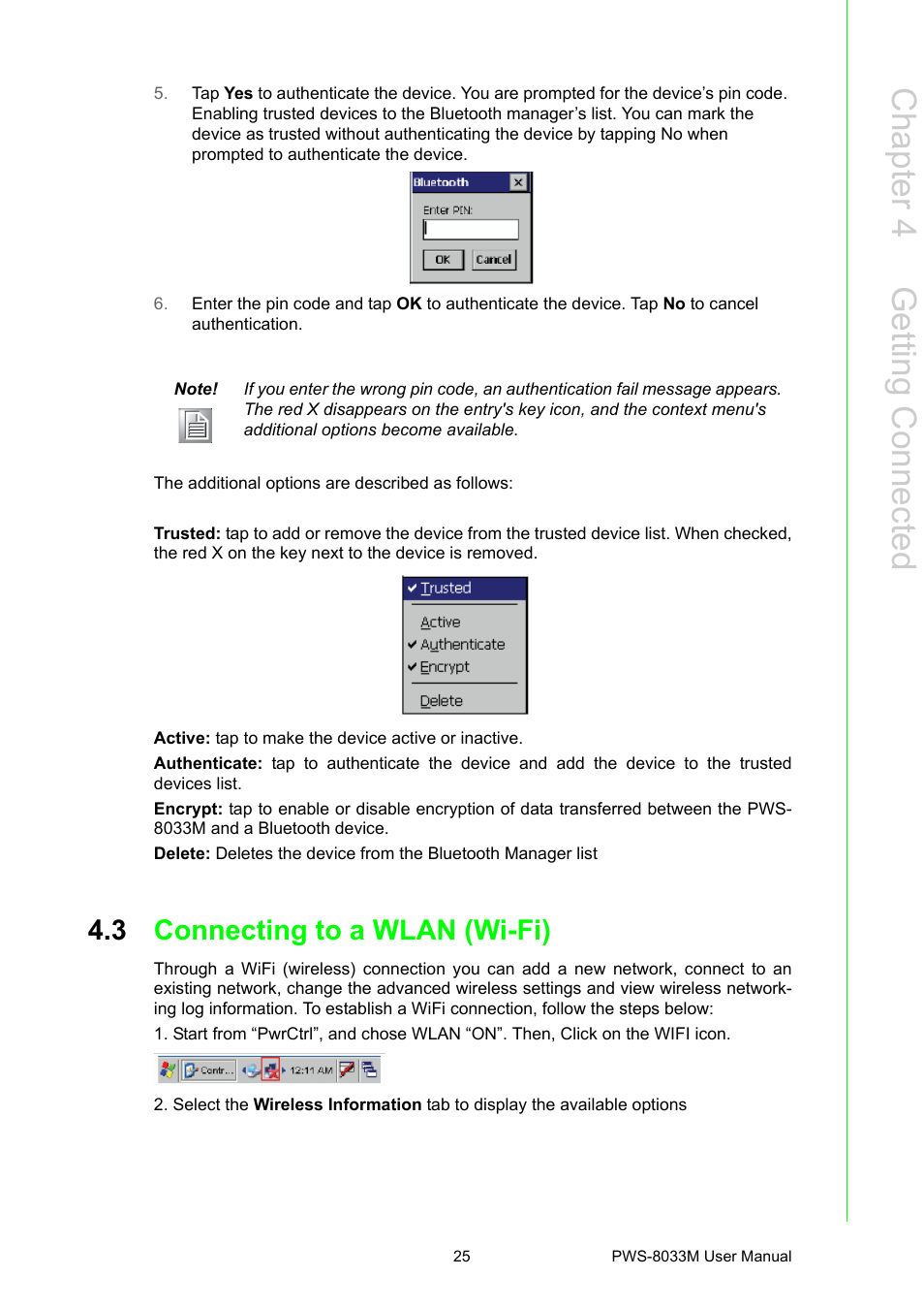 3 connecting to a wlan (wi-fi), Connecting to a wlan (wi-fi), Chapter 4 g etting connected | Advantech 3.7" VGA TFT LCD XSCale Rugged Mobile Computer PWS-8033M User Manual | Page 31 / 44