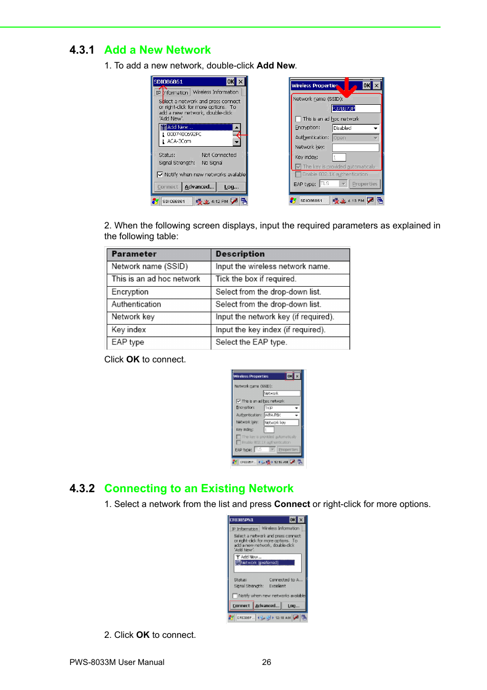 1 add a new network, 2 connecting to an existing network, Add a new network | Connecting to an existing network | Advantech 3.7" VGA TFT LCD XSCale Rugged Mobile Computer PWS-8033M User Manual | Page 32 / 44