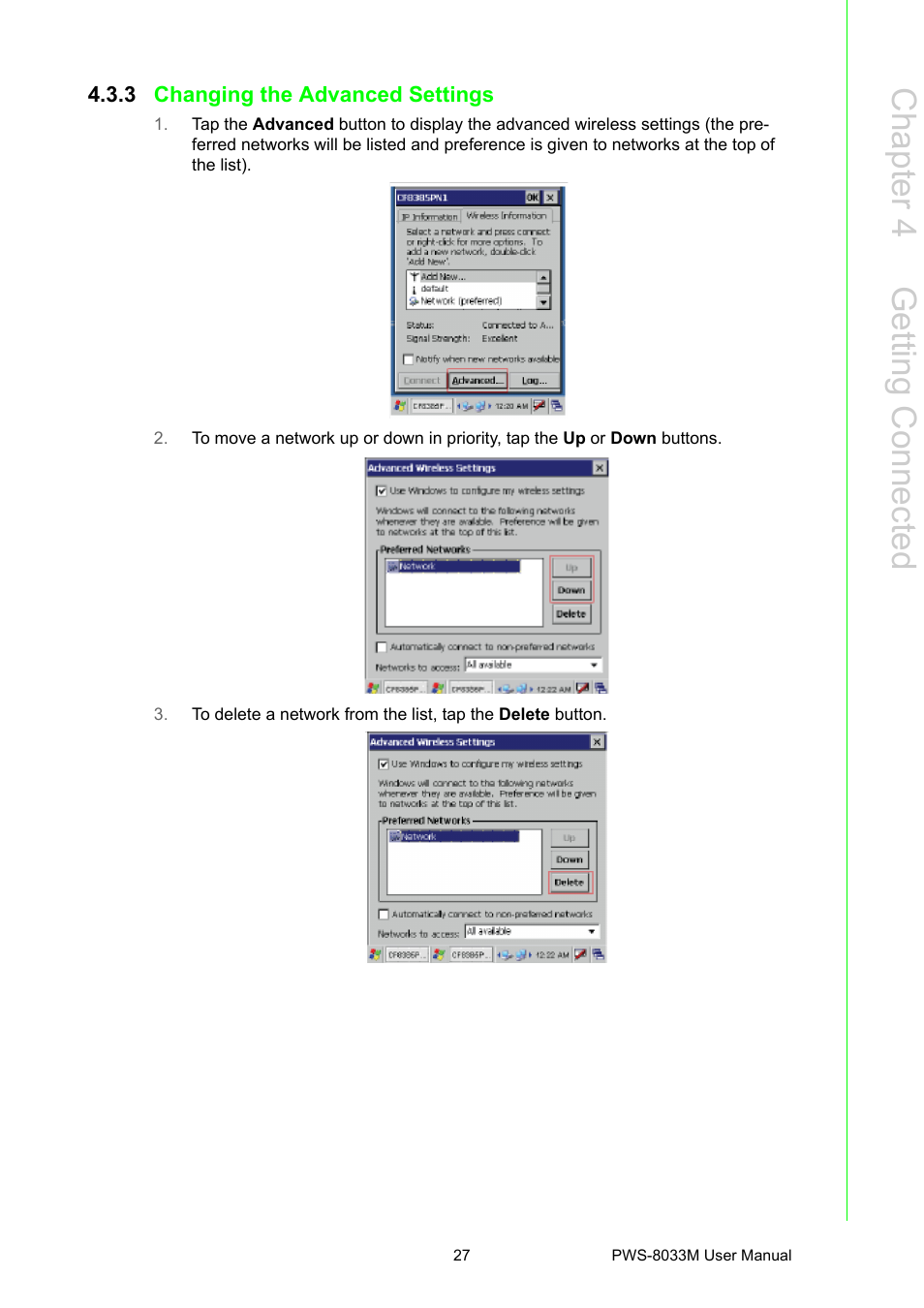 3 changing the advanced settings, Changing the advanced settings, Chapter 4 g etting connected | Advantech 3.7" VGA TFT LCD XSCale Rugged Mobile Computer PWS-8033M User Manual | Page 33 / 44