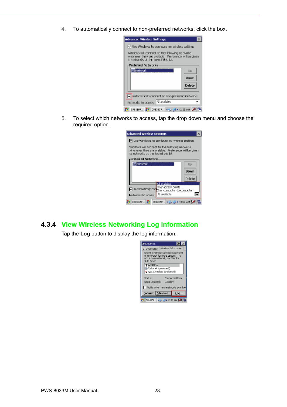 4 view wireless networking log information, View wireless networking log information | Advantech 3.7" VGA TFT LCD XSCale Rugged Mobile Computer PWS-8033M User Manual | Page 34 / 44