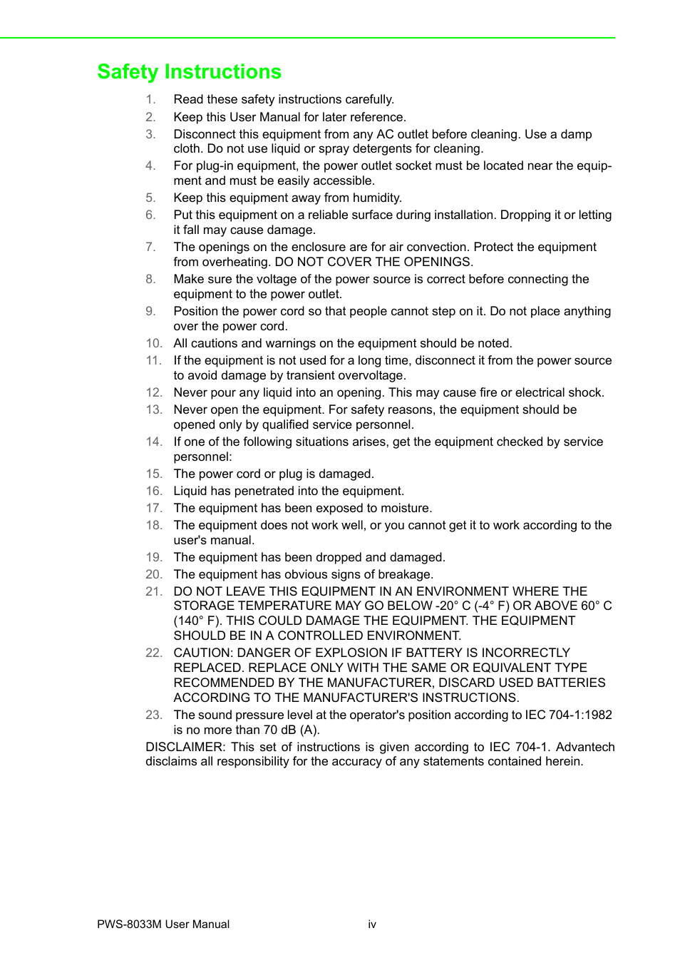 Safety instructions | Advantech 3.7" VGA TFT LCD XSCale Rugged Mobile Computer PWS-8033M User Manual | Page 4 / 44