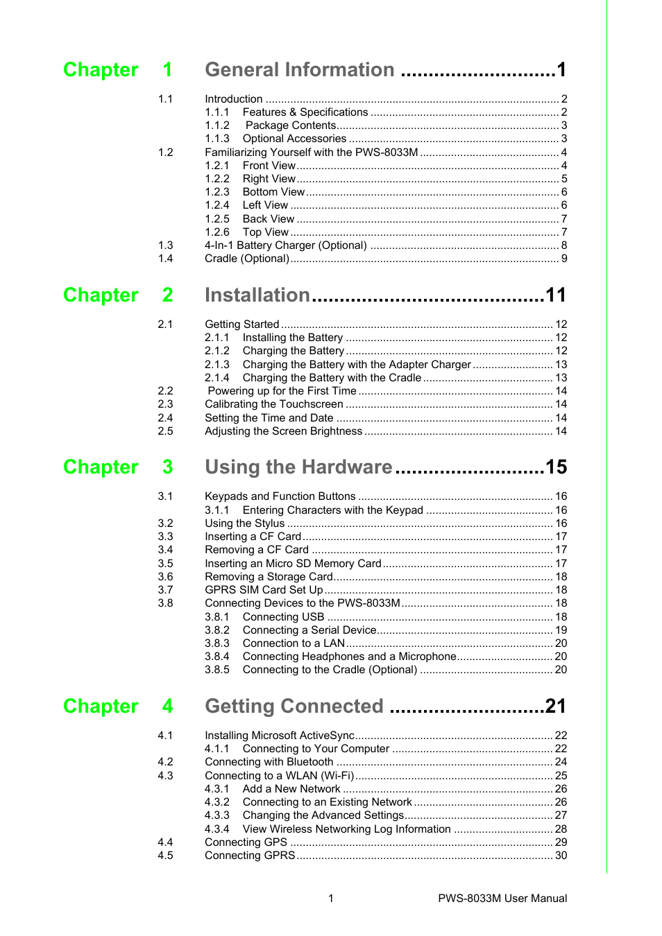 Chapter 1 general information, Chapter 2 installation, Chapter 3 using the hardware | Chapter 4 getting connected | Advantech 3.7" VGA TFT LCD XSCale Rugged Mobile Computer PWS-8033M User Manual | Page 5 / 44