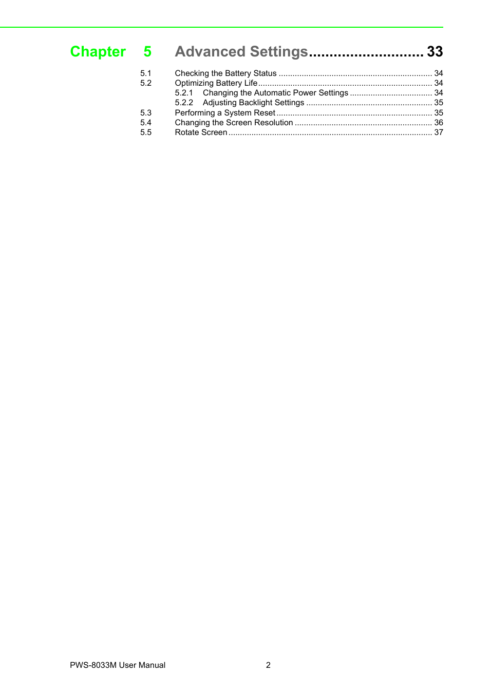 Chapter 5 advanced settings | Advantech 3.7" VGA TFT LCD XSCale Rugged Mobile Computer PWS-8033M User Manual | Page 6 / 44