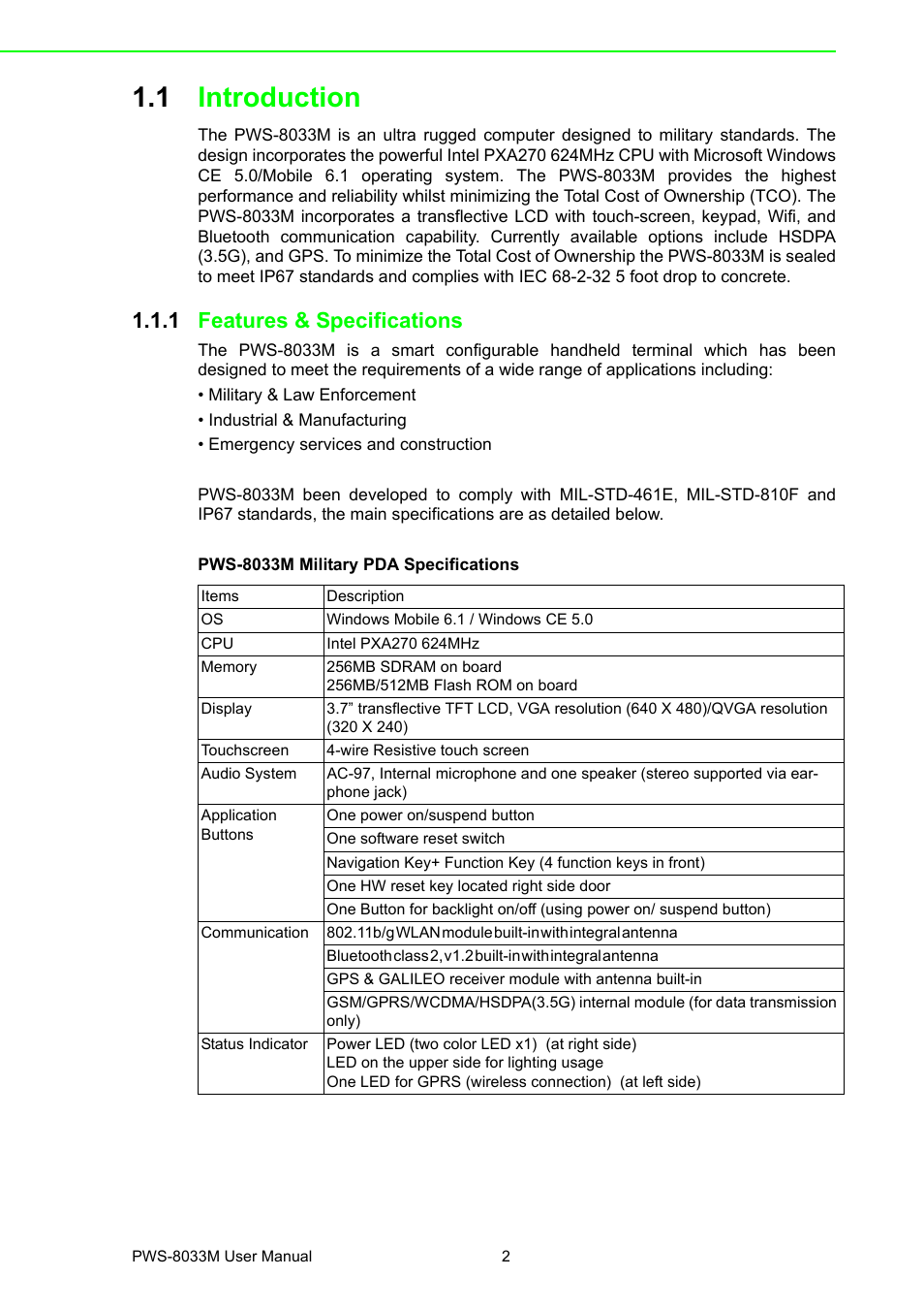 1 introduction, 1 features & specifications, Introduction 1.1.1 | Features & specifications | Advantech 3.7" VGA TFT LCD XSCale Rugged Mobile Computer PWS-8033M User Manual | Page 8 / 44