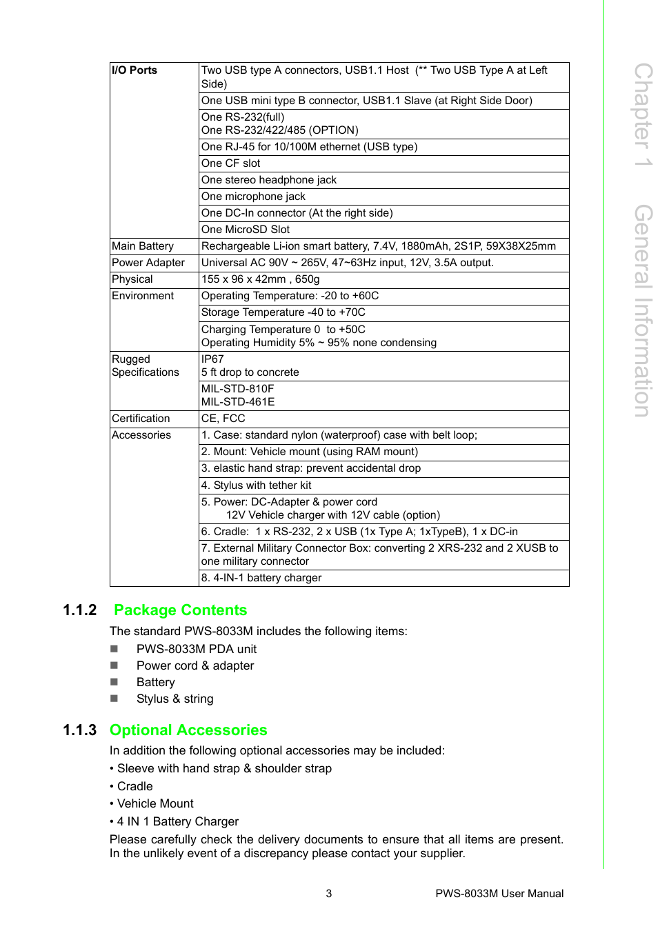 2 package contents, 3 optional accessories, Package contents | Optional accessories, Chapter 1 g eneral information | Advantech 3.7" VGA TFT LCD XSCale Rugged Mobile Computer PWS-8033M User Manual | Page 9 / 44