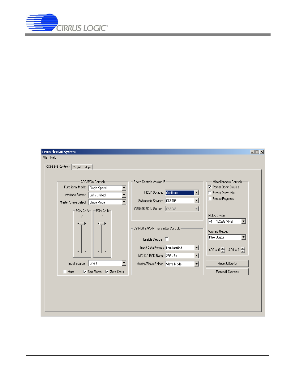 Pc software control, 1 cdb5345 controls tab, Figure 1. cdb5345 controls tab | Cdb5345 | Cirrus Logic CDB5345 User Manual | Page 7 / 27