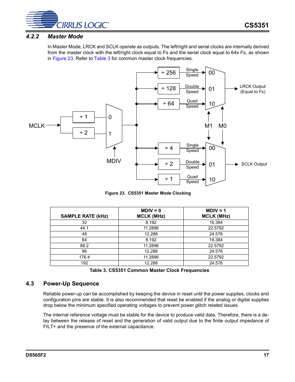 2 master mode, Figure 23. cs5351 master mode clocking, Table 3. cs5351 common master clock frequencies | 3 power-up sequence, Cs5351 | Cirrus Logic CS5351 User Manual | Page 17 / 23