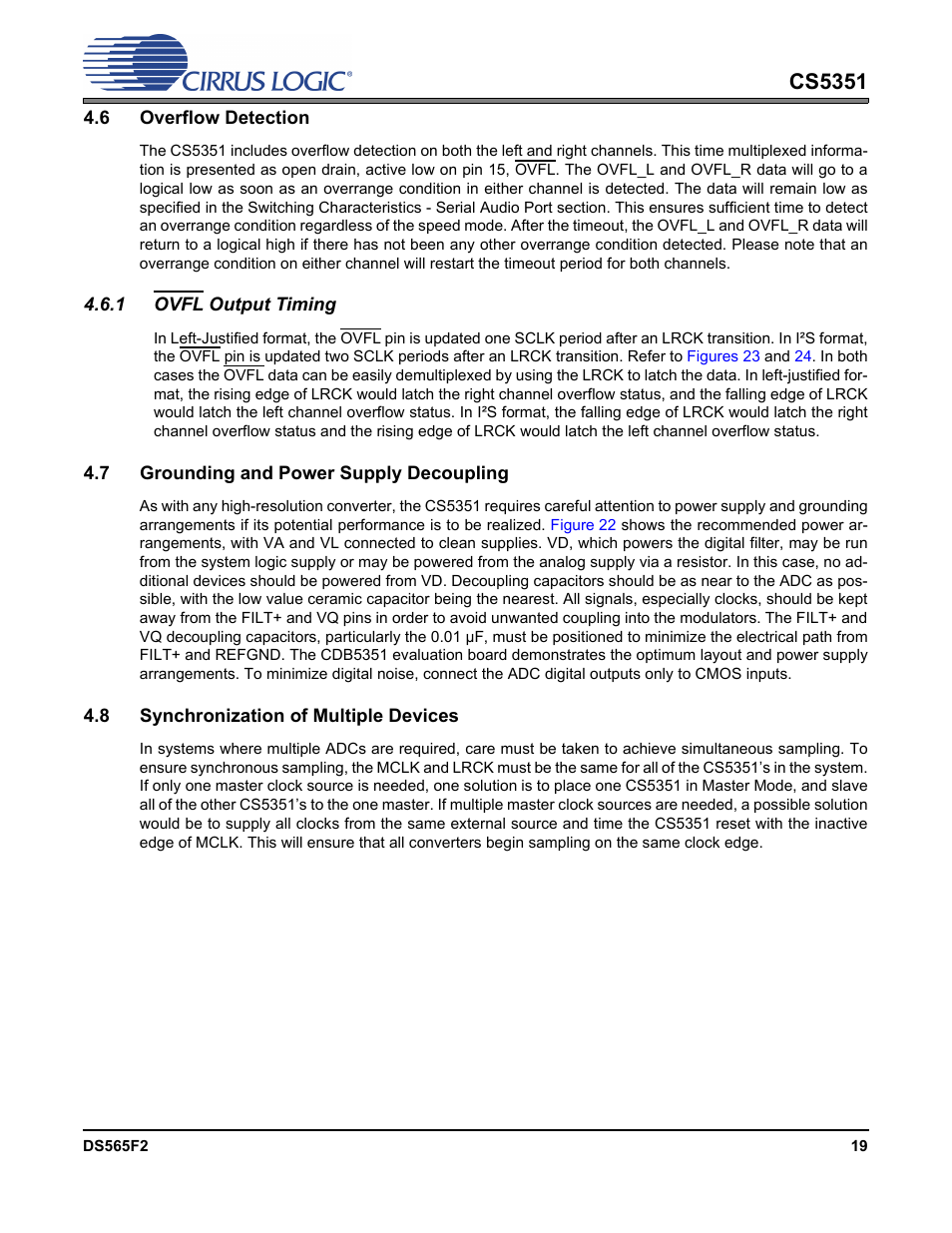 6 overflow detection, 1 ovfl output timing, 7 grounding and power supply decoupling | 8 synchronization of multiple devices, Cs5351 | Cirrus Logic CS5351 User Manual | Page 19 / 23