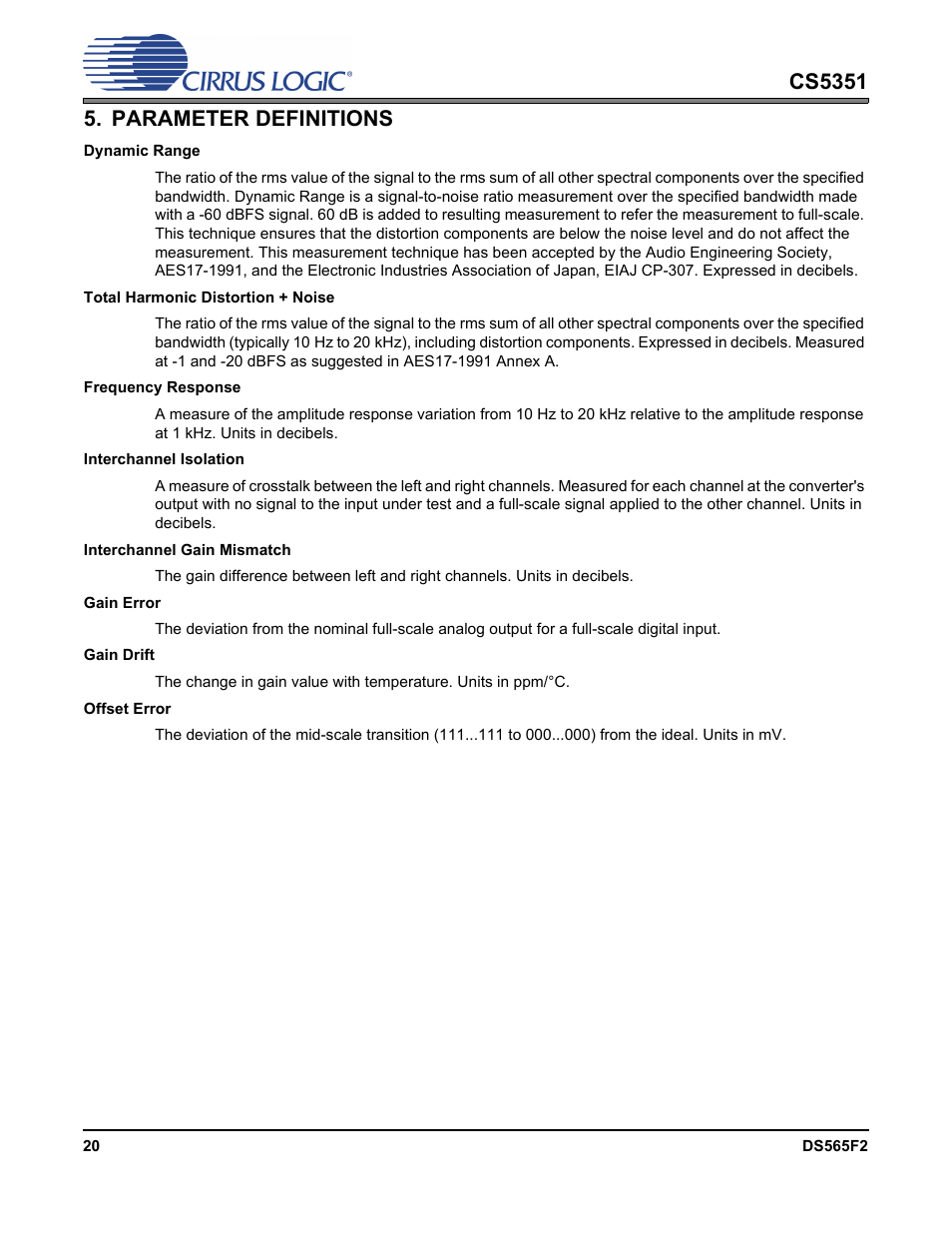 Parameter definitions | Cirrus Logic CS5351 User Manual | Page 20 / 23