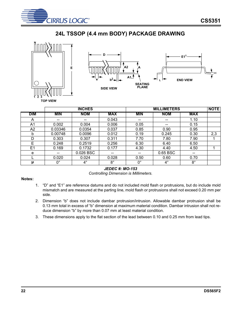Cs5351, 24l tssop (4.4 mm body) package drawing | Cirrus Logic CS5351 User Manual | Page 22 / 23