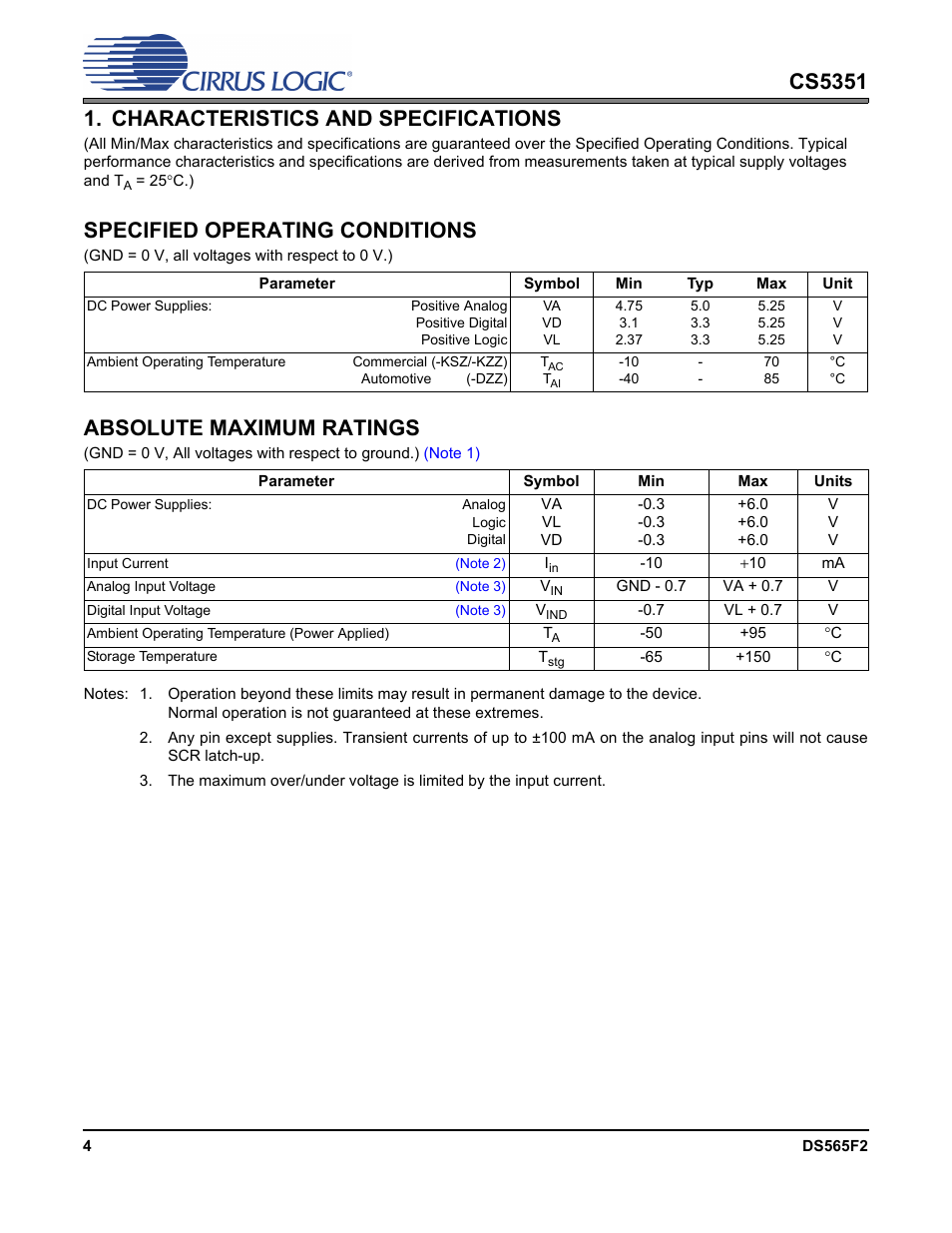 Characteristics and specifications, Specified operating conditions, Absolute maximum ratings | Cirrus Logic CS5351 User Manual | Page 4 / 23