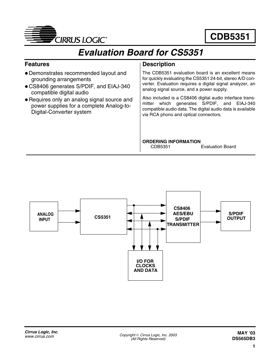 Cirrus Logic CDB5351 User Manual | 16 pages